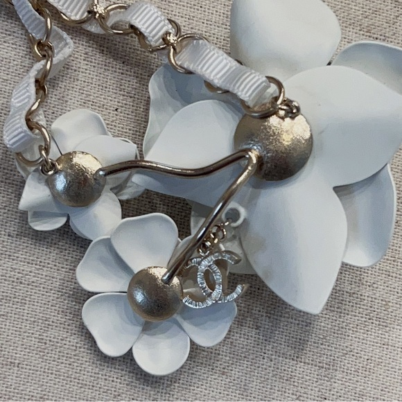 Chanel Triple Metal White Camellia Braided Ribbon CC Logo Necklace - Picture 6 of 11